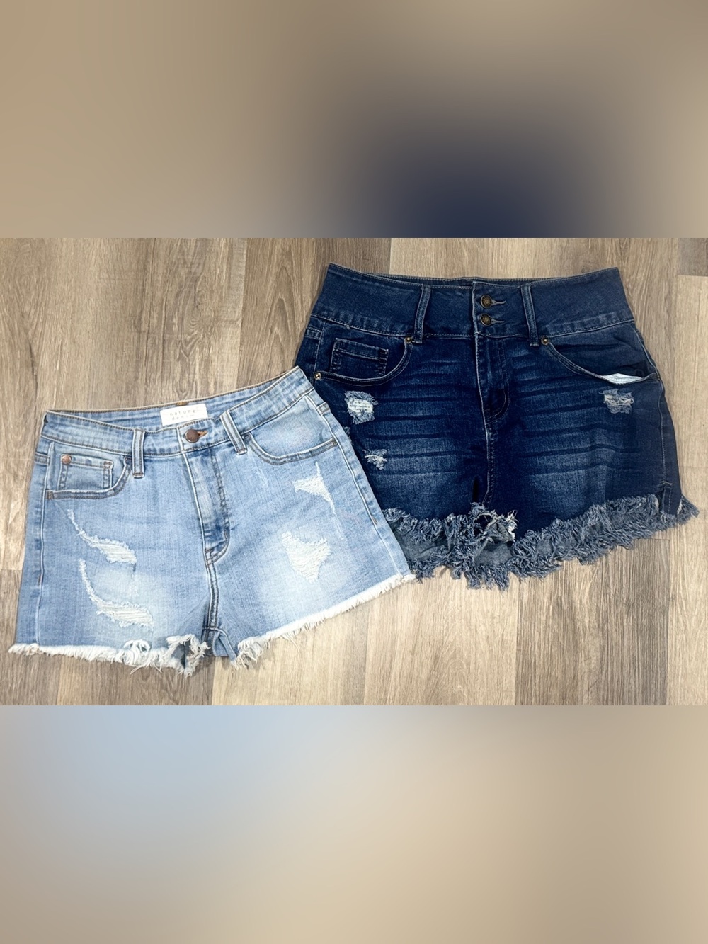Lot of 2 Size Med Women’s Distressed Denim Jean Shorts - Light Blue & Dark Blue